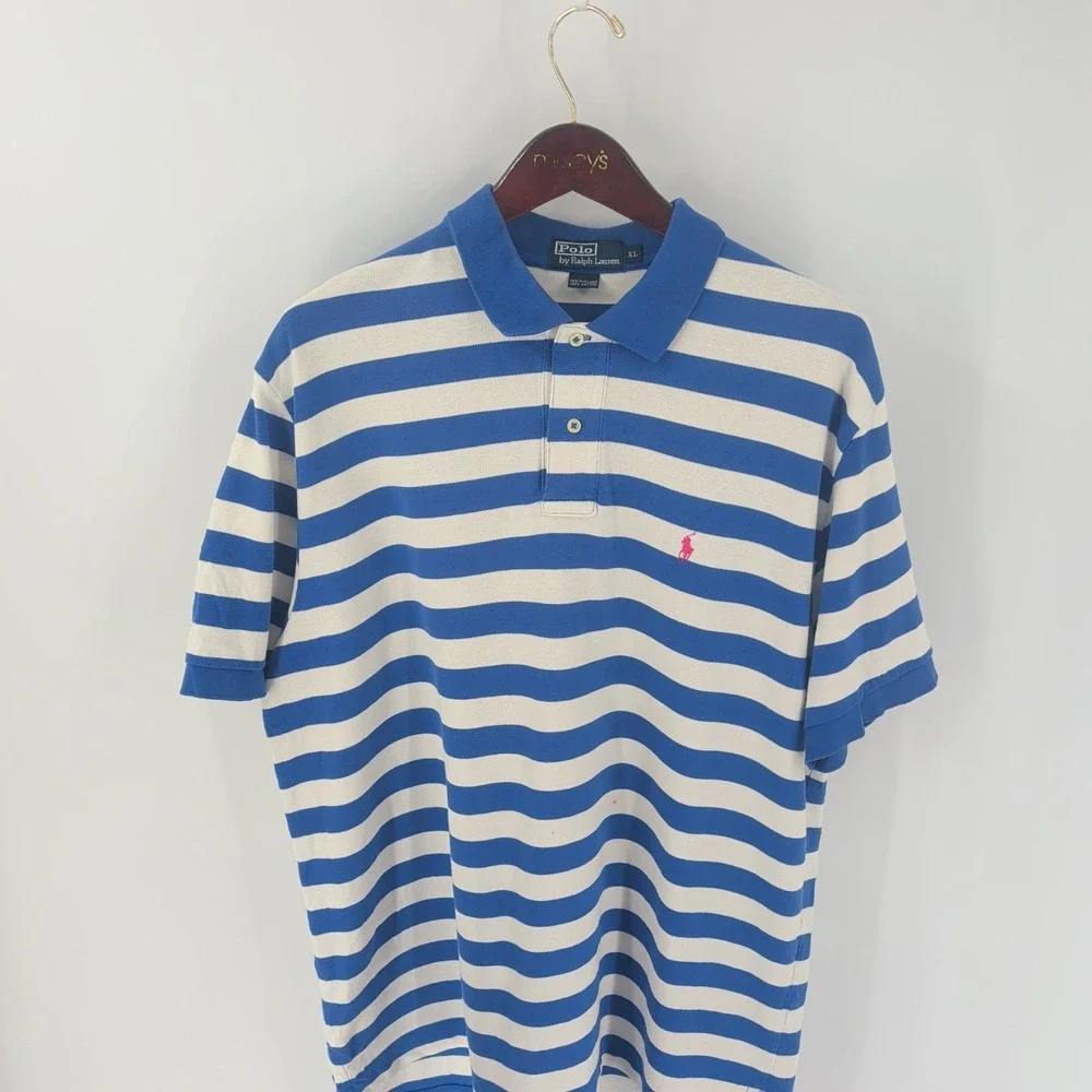 VTG Polo‎ By Ralph Lauren Striped Golf Performance Polo Shirt White Blue Size XL